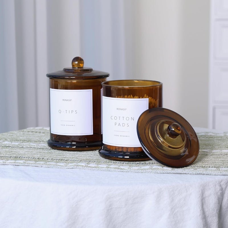 Ronasip Qtip Holder & Cotton Pad Dispenser, Bathroom Organizer and Storage Canisters, 16oz Glass Apothecary Jars for Kitchen, Restroom - Home Decor Accessories, Room Decor Aesthetic (2 Pack, Amber) - Image 2